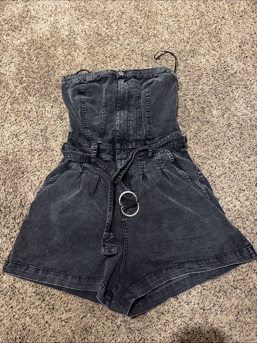 eesome Strapless Washed Black Denim Romper with Belt